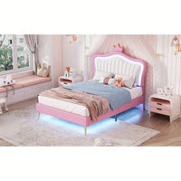 Modern Twin Size Upholstered Bed Frame With LED Lights And Crown Headboard In White And Pink