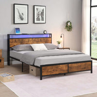 Industrial Queen Bed Frame with LED Lights, USB Ports & Storage, Noise-Free Design, No Box Spring Needed, Rustic Brown Finish