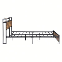 Industrial Queen Bed Frame with LED Lights, USB Ports & Storage, Noise-Free Design, No Box Spring Needed, Rustic Brown Finish