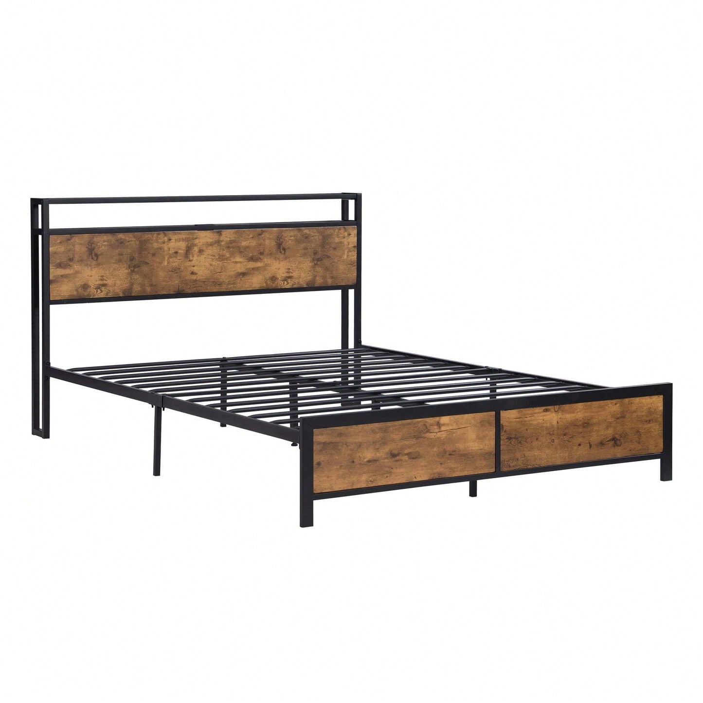 Industrial Queen Bed Frame with LED Lights, USB Ports & Storage, Noise-Free Design, No Box Spring Needed, Rustic Brown Finish