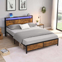 Industrial Queen Bed Frame with LED Lights, USB Ports & Storage, Noise-Free Design, No Box Spring Needed, Rustic Brown Finish