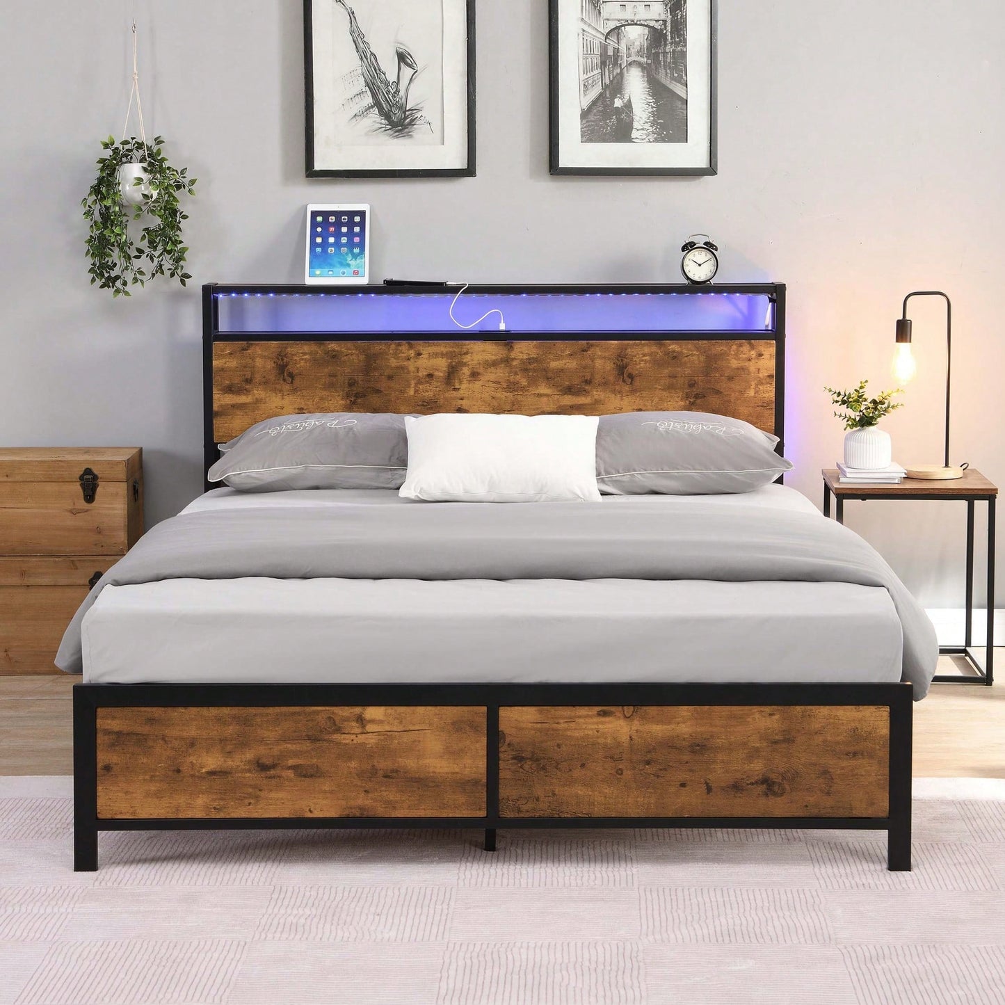 Industrial Queen Bed Frame with LED Lights, USB Ports & Storage, Noise-Free Design, No Box Spring Needed, Rustic Brown Finish