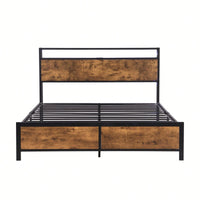 Industrial Queen Bed Frame with LED Lights, USB Ports & Storage, Noise-Free Design, No Box Spring Needed, Rustic Brown Finish