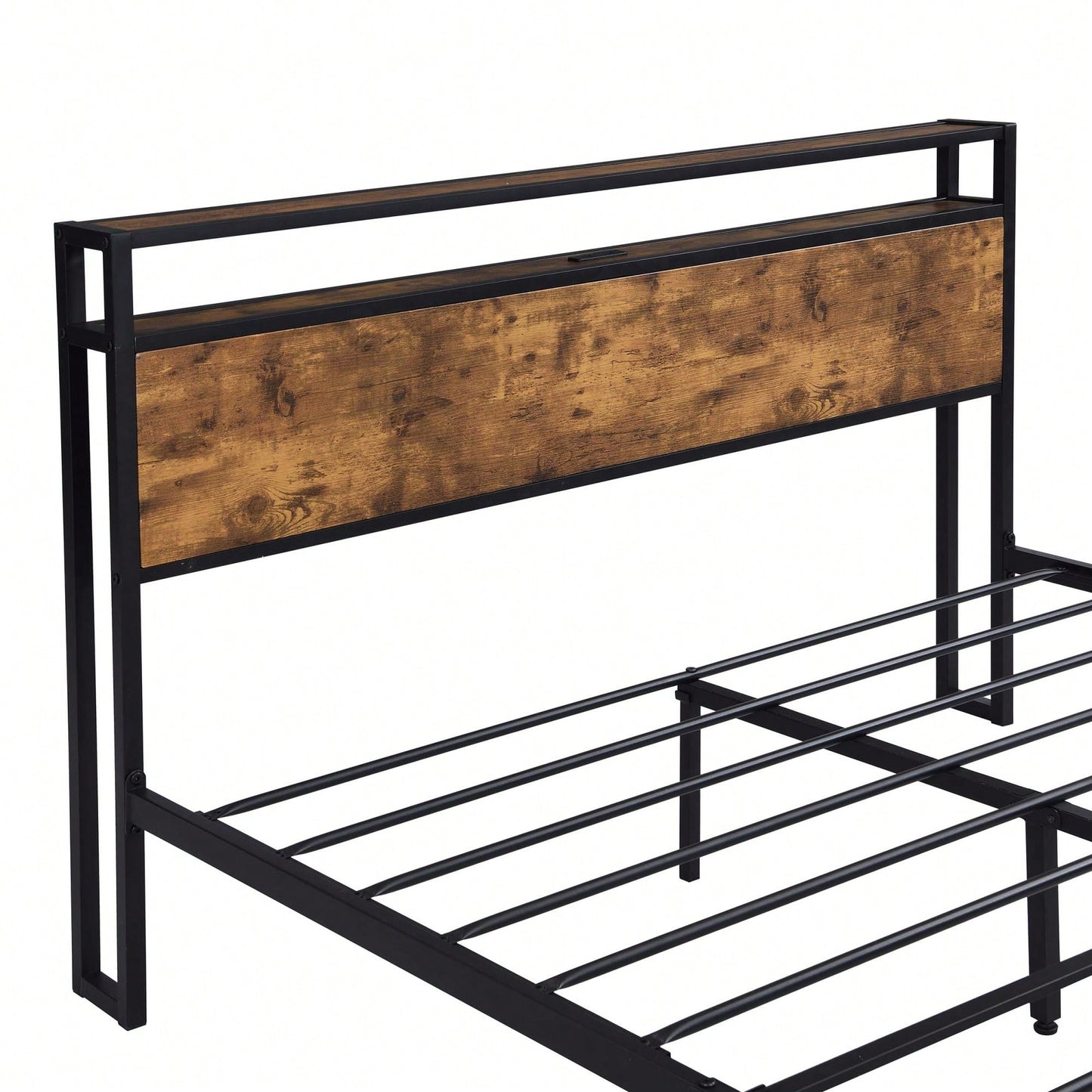 Industrial Queen Bed Frame with LED Lights, USB Ports & Storage, Noise-Free Design, No Box Spring Needed, Rustic Brown Finish