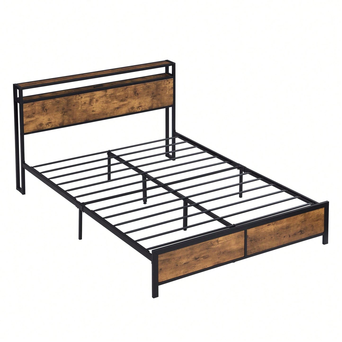 Industrial Queen Bed Frame with LED Lights, USB Ports & Storage, Noise-Free Design, No Box Spring Needed, Rustic Brown Finish