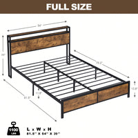 Industrial Full Bed Frame with LED Lights & USB Ports, Full Size Storage Bed, Noise-Free Design, Rustic Brown, No Box Spring Required