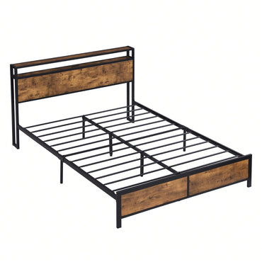 Industrial Full Bed Frame with LED Lights & USB Ports, Full Size Storage Bed, Noise-Free Design, Rustic Brown, No Box Spring Required