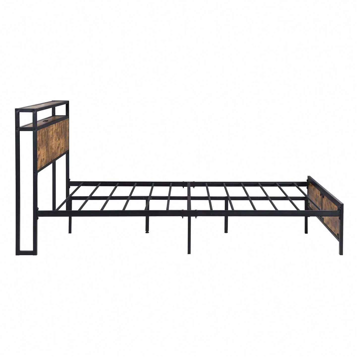 Industrial Full Bed Frame with LED Lights & USB Ports, Full Size Storage Bed, Noise-Free Design, Rustic Brown, No Box Spring Required