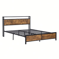 Industrial Full Bed Frame with LED Lights & USB Ports, Full Size Storage Bed, Noise-Free Design, Rustic Brown, No Box Spring Required