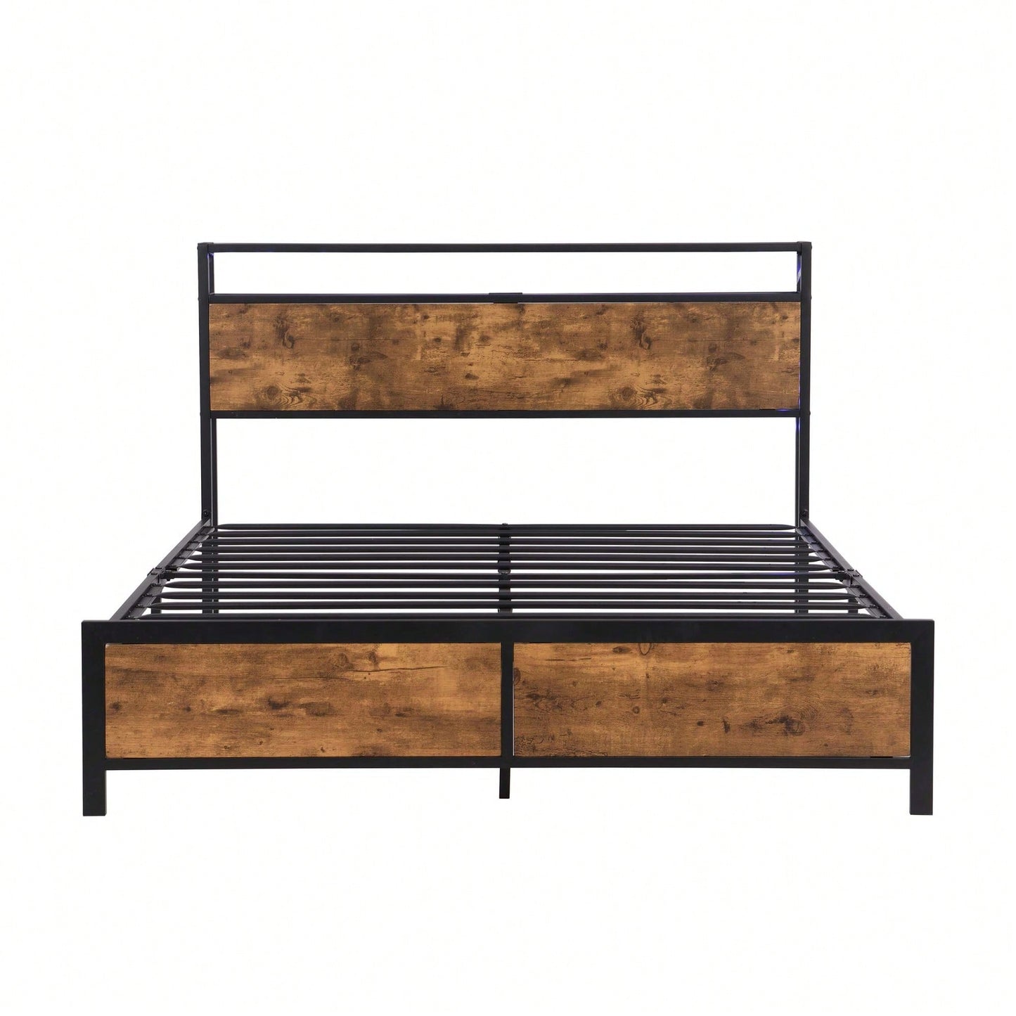 Industrial Full Bed Frame with LED Lights & USB Ports, Full Size Storage Bed, Noise-Free Design, Rustic Brown, No Box Spring Required