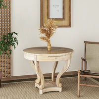 Curved Legs Small Round Dining Table For Kitchen Or Living Room Natural Wood Grain Distressed Finish