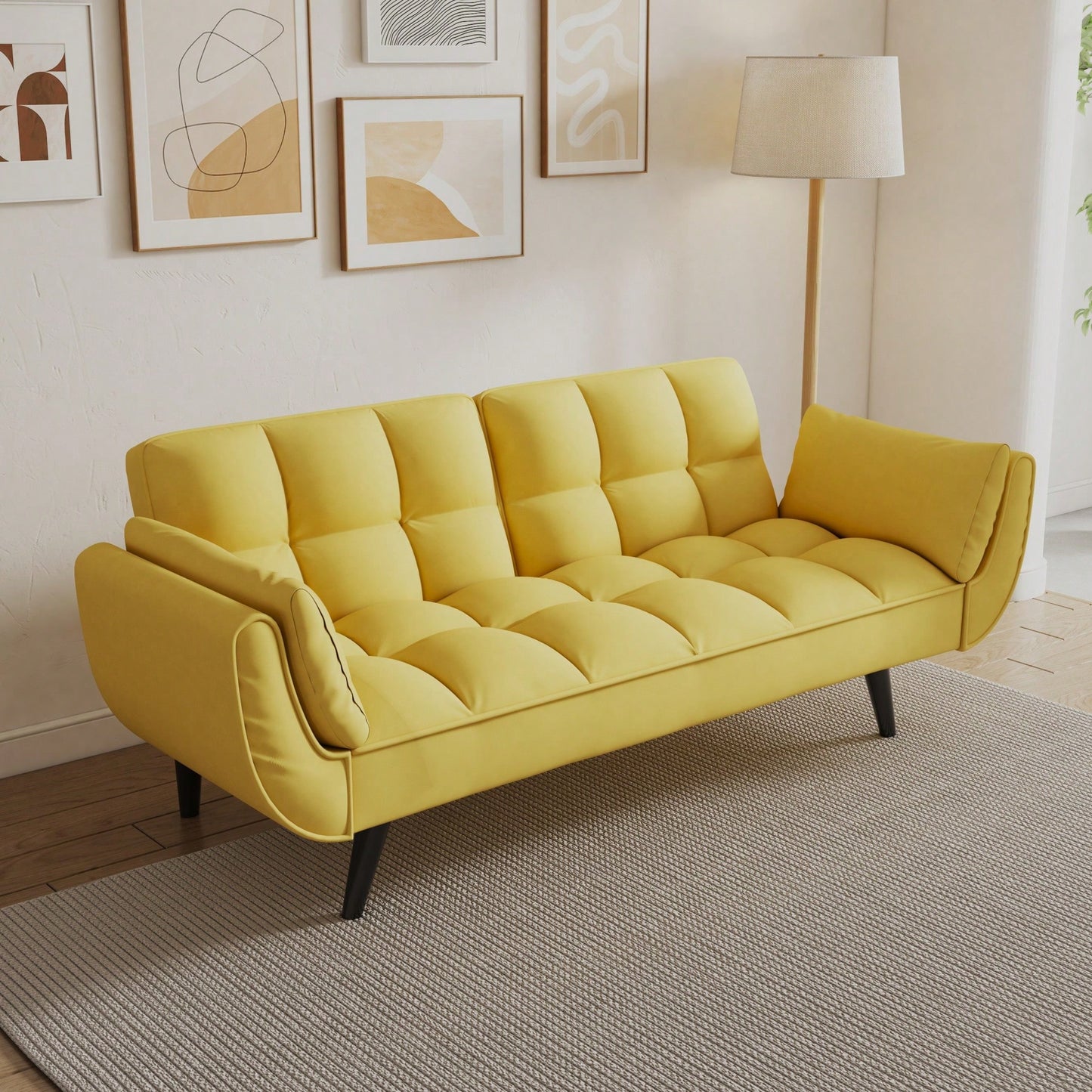 57 Inch Yellow Sofa With Soft Armrests And Throw Pillows For Comfortable Small Space Living In Apartment Or Bedroom