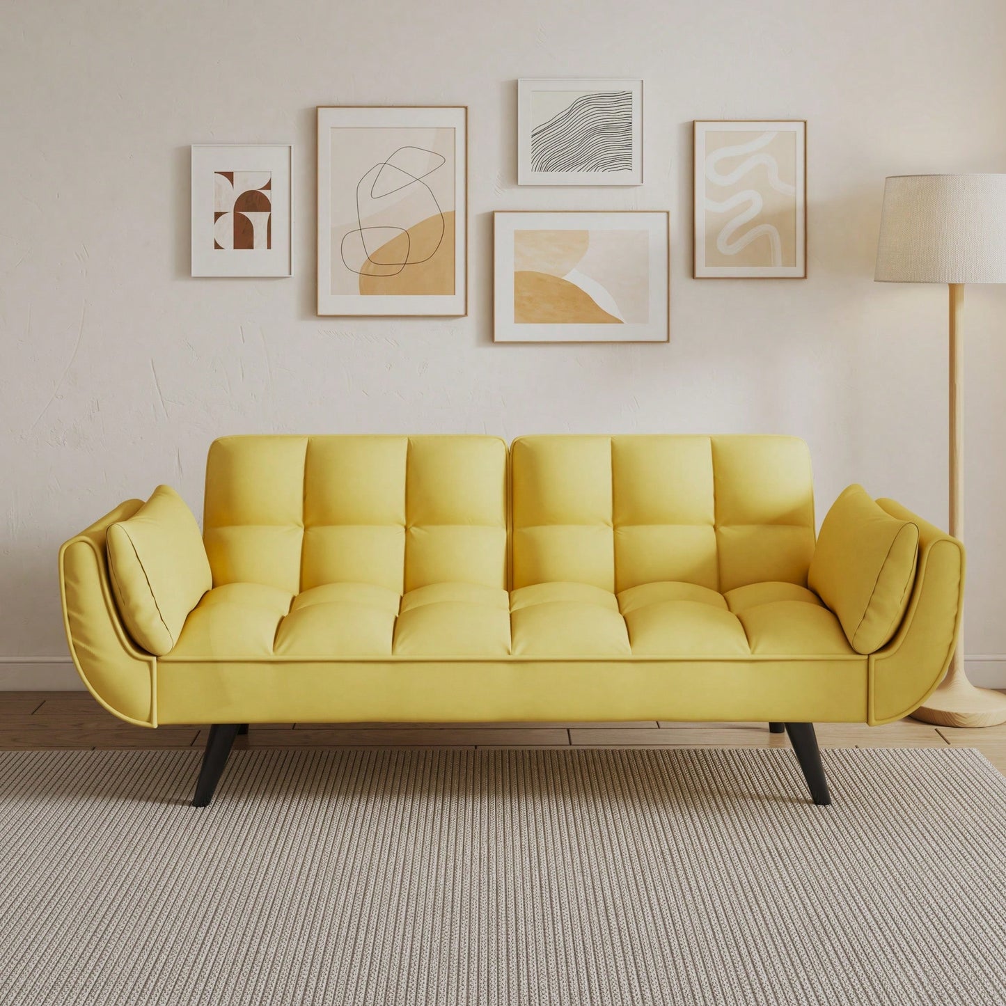 57 Inch Yellow Sofa With Soft Armrests And Throw Pillows For Comfortable Small Space Living In Apartment Or Bedroom