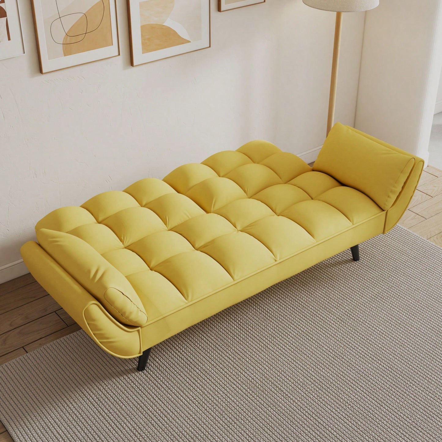 57 Inch Yellow Sofa With Soft Armrests And Throw Pillows For Comfortable Small Space Living In Apartment Or Bedroom