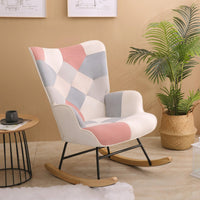 Mid Century Modern Fabric Rocking Chair With Wood Legs And Patchwork Linen For Living Room And Bedroom