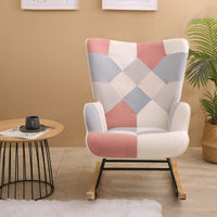 Mid Century Modern Fabric Rocking Chair With Wood Legs And Patchwork Linen For Living Room And Bedroom