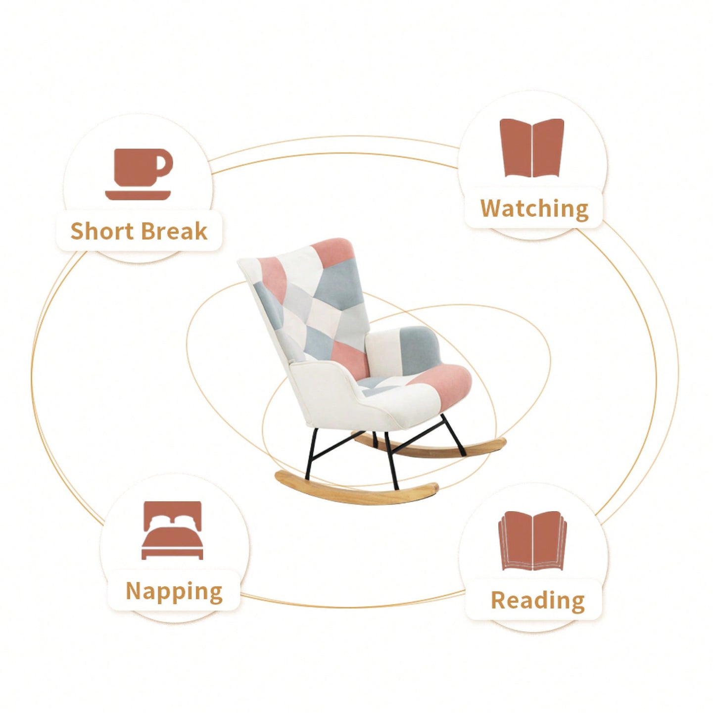 Mid Century Modern Fabric Rocking Chair With Wood Legs And Patchwork Linen For Living Room And Bedroom