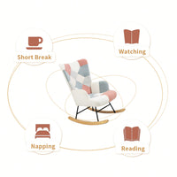 Mid Century Modern Fabric Rocking Chair With Wood Legs And Patchwork Linen For Living Room And Bedroom