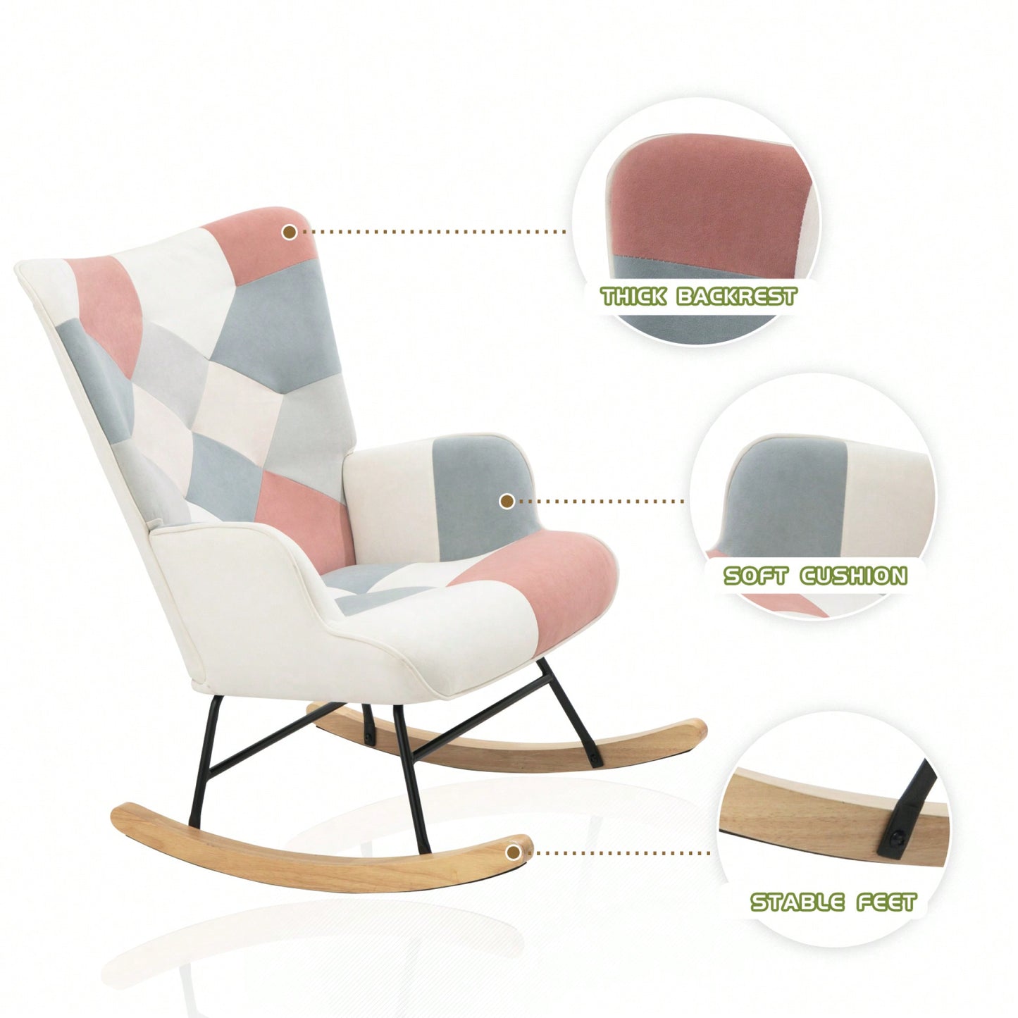 Mid Century Modern Fabric Rocking Chair With Wood Legs And Patchwork Linen For Living Room And Bedroom