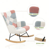 Mid Century Modern Fabric Rocking Chair With Wood Legs And Patchwork Linen For Living Room And Bedroom