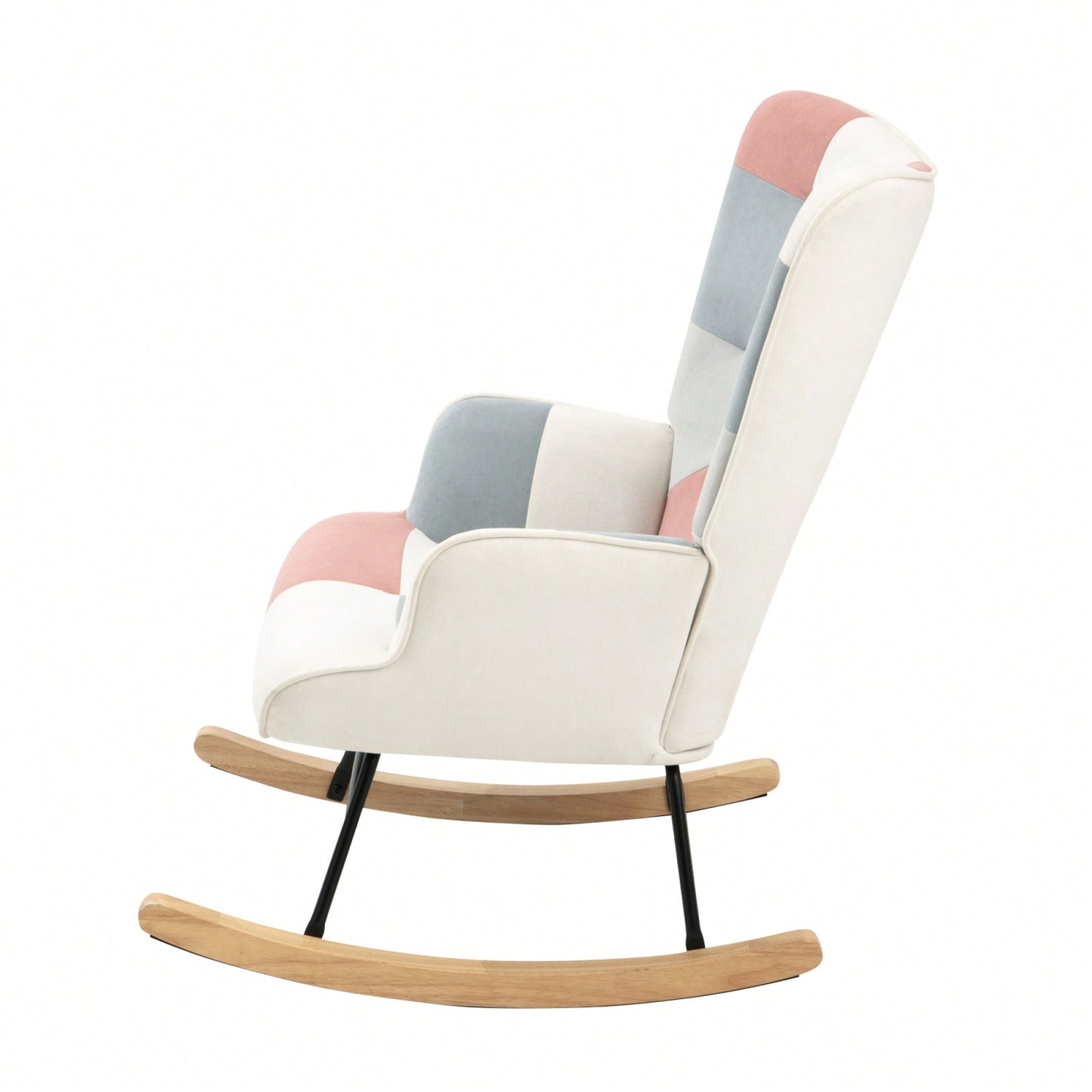 Mid Century Modern Fabric Rocking Chair With Wood Legs And Patchwork Linen For Living Room And Bedroom