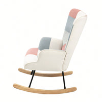 Mid Century Modern Fabric Rocking Chair With Wood Legs And Patchwork Linen For Living Room And Bedroom