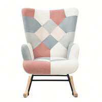 Mid Century Modern Fabric Rocking Chair With Wood Legs And Patchwork Linen For Living Room And Bedroom