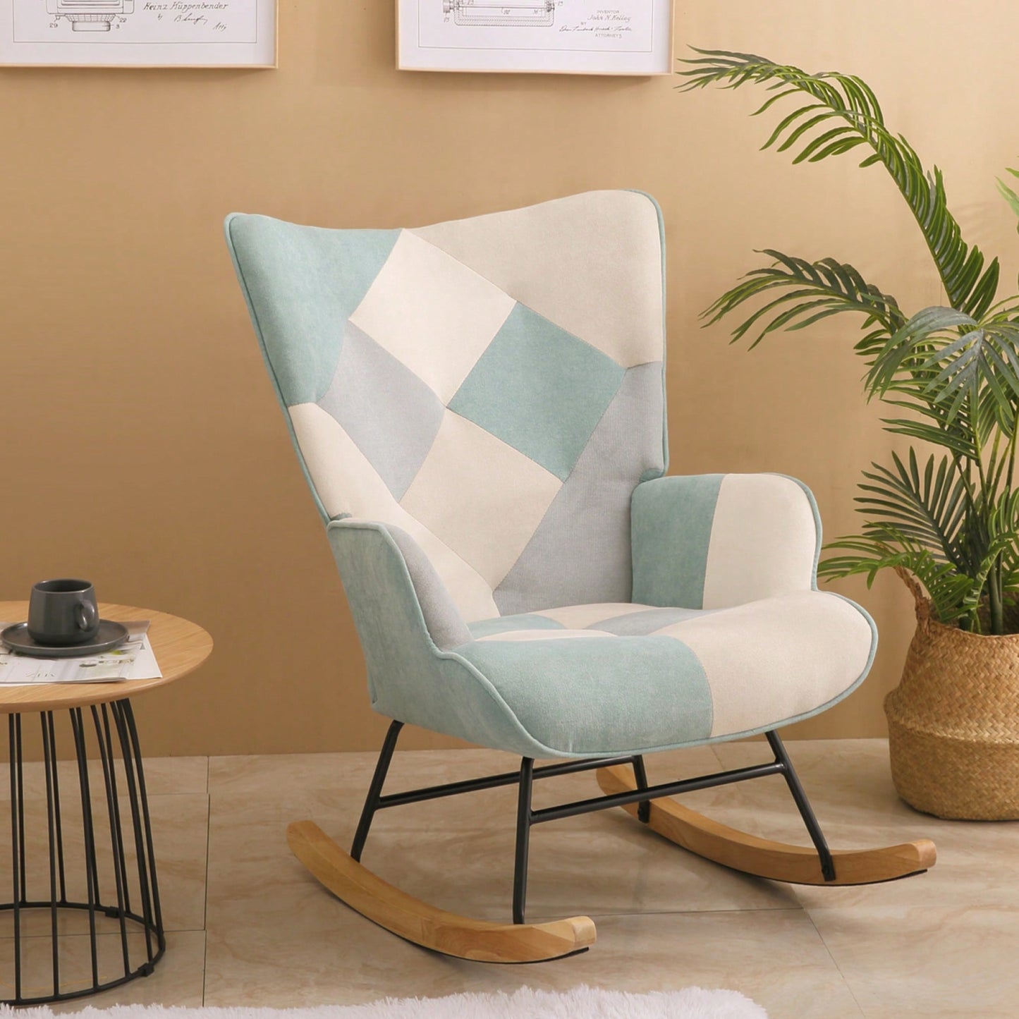 Mid Century Modern Fabric Rocking Chair With Wood Legs And Patchwork Linen For Living Room And Bedroom