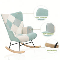 Mid Century Modern Fabric Rocking Chair With Wood Legs And Patchwork Linen For Living Room And Bedroom