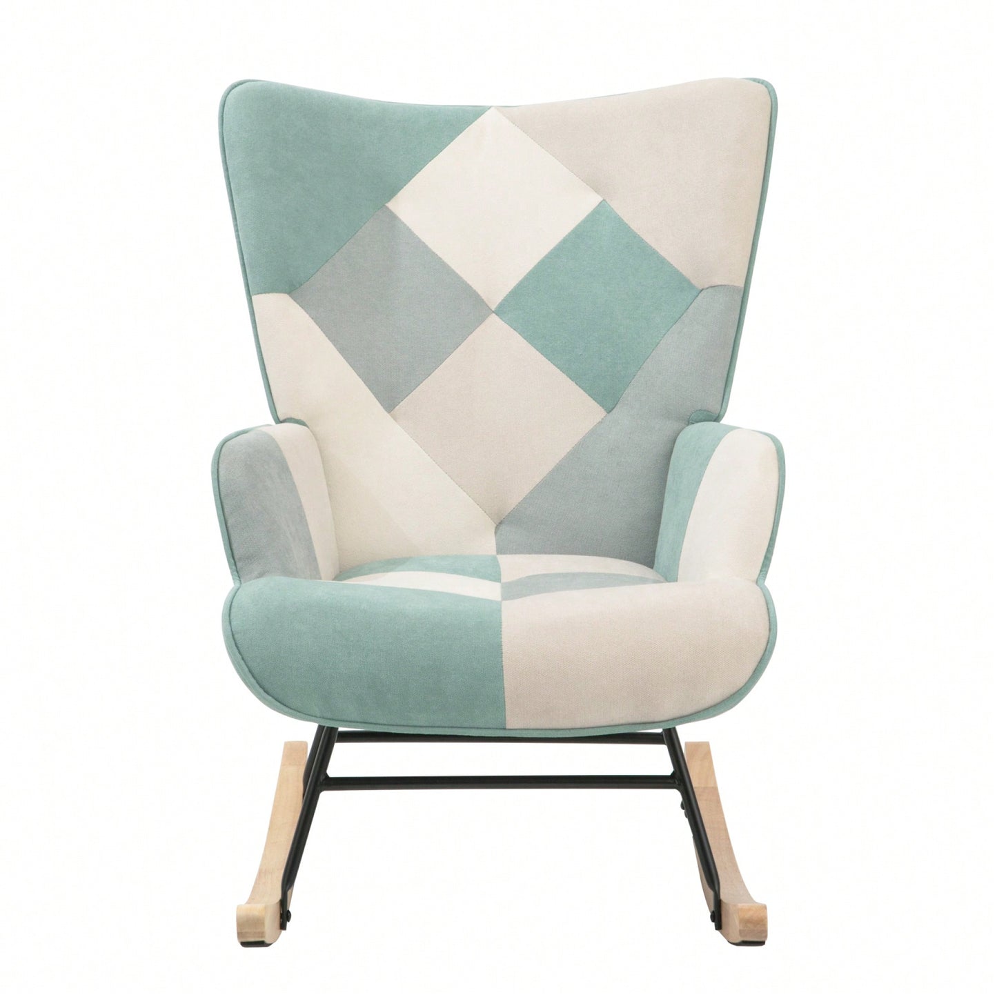 Mid Century Modern Fabric Rocking Chair With Wood Legs And Patchwork Linen For Living Room And Bedroom