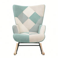 Mid Century Modern Fabric Rocking Chair With Wood Legs And Patchwork Linen For Living Room And Bedroom