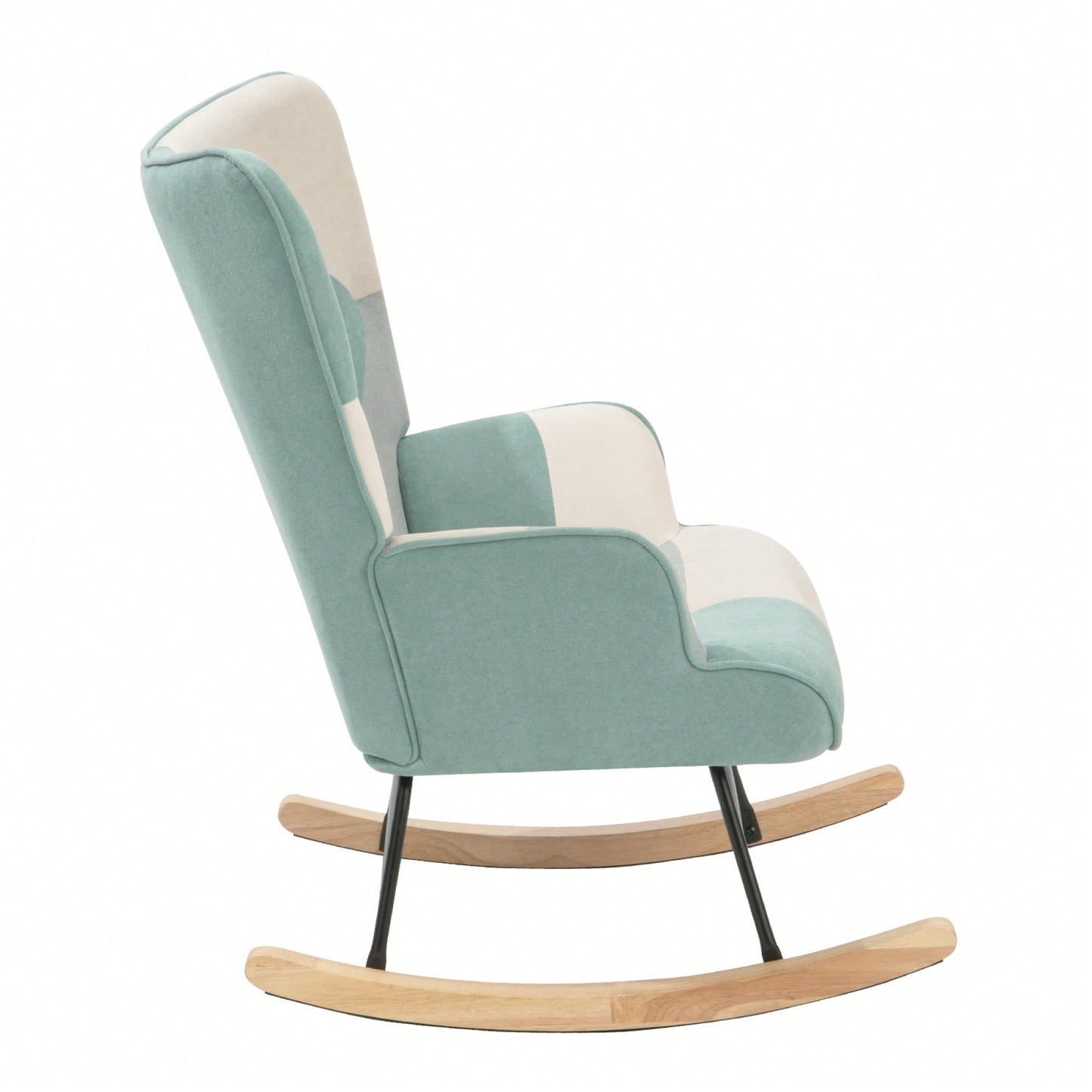 Mid Century Modern Fabric Rocking Chair With Wood Legs And Patchwork Linen For Living Room And Bedroom