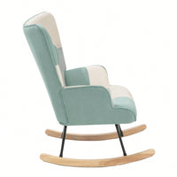 Mid Century Modern Fabric Rocking Chair With Wood Legs And Patchwork Linen For Living Room And Bedroom