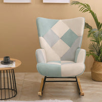 Mid Century Modern Fabric Rocking Chair With Wood Legs And Patchwork Linen For Living Room And Bedroom