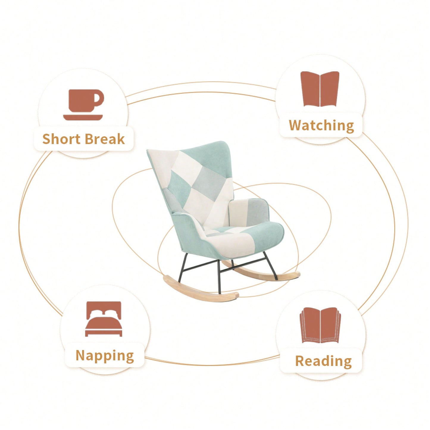 Mid Century Modern Fabric Rocking Chair With Wood Legs And Patchwork Linen For Living Room And Bedroom