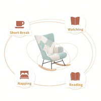 Mid Century Modern Fabric Rocking Chair With Wood Legs And Patchwork Linen For Living Room And Bedroom