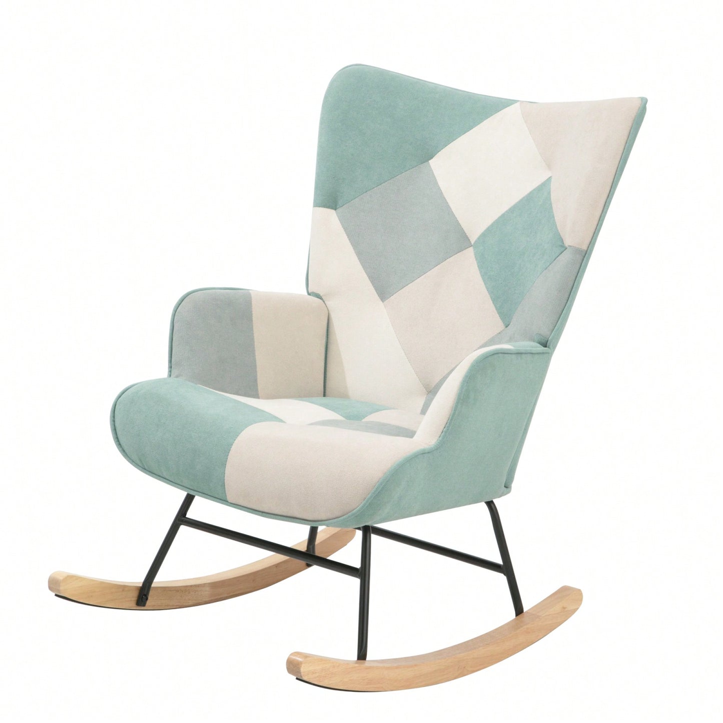 Mid Century Modern Fabric Rocking Chair With Wood Legs And Patchwork Linen For Living Room And Bedroom