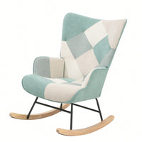 Mid Century Modern Fabric Rocking Chair With Wood Legs And Patchwork Linen For Living Room And Bedroom