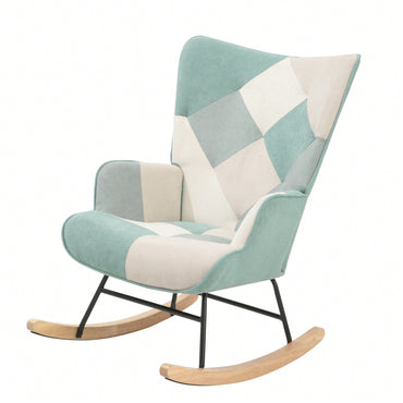 Mid Century Modern Fabric Rocking Chair With Wood Legs And Patchwork Linen For Living Room And Bedroom