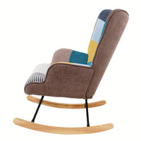 Mid Century Modern Fabric Rocking Chair With Wood Legs And Patchwork Linen For Living Room And Bedroom