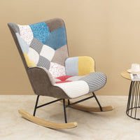 Mid Century Modern Fabric Rocking Chair With Wood Legs And Patchwork Linen For Living Room And Bedroom