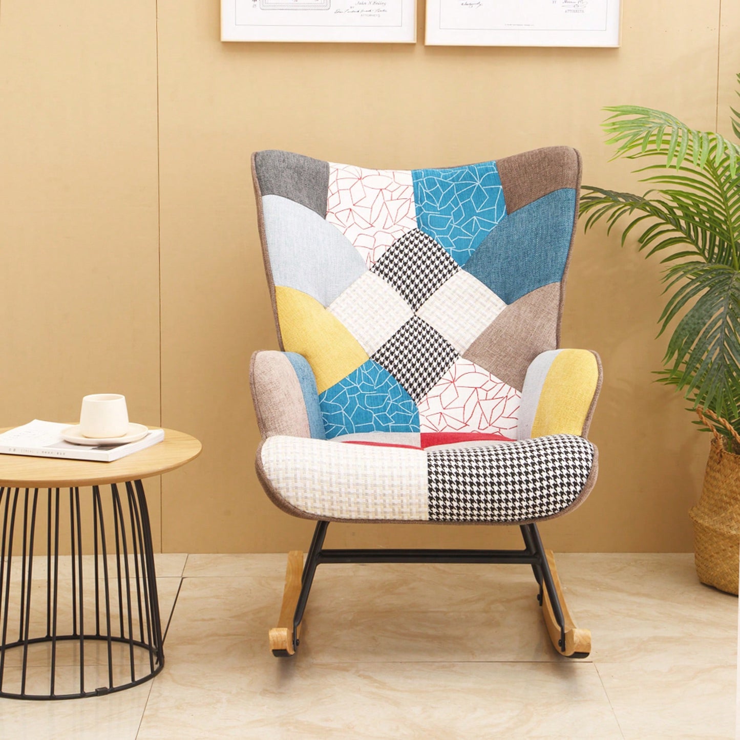 Mid Century Modern Fabric Rocking Chair With Wood Legs And Patchwork Linen For Living Room And Bedroom
