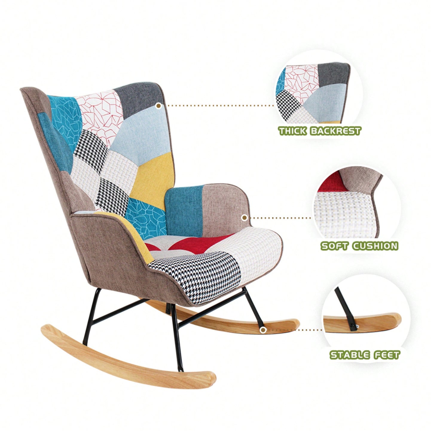 Mid Century Modern Fabric Rocking Chair With Wood Legs And Patchwork Linen For Living Room And Bedroom