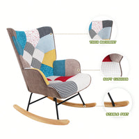 Mid Century Modern Fabric Rocking Chair With Wood Legs And Patchwork Linen For Living Room And Bedroom