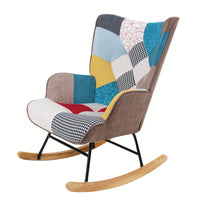 Mid Century Modern Fabric Rocking Chair With Wood Legs And Patchwork Linen For Living Room And Bedroom