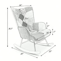 Mid Century Modern Fabric Rocking Chair With Wood Legs And Patchwork Linen For Living Room And Bedroom
