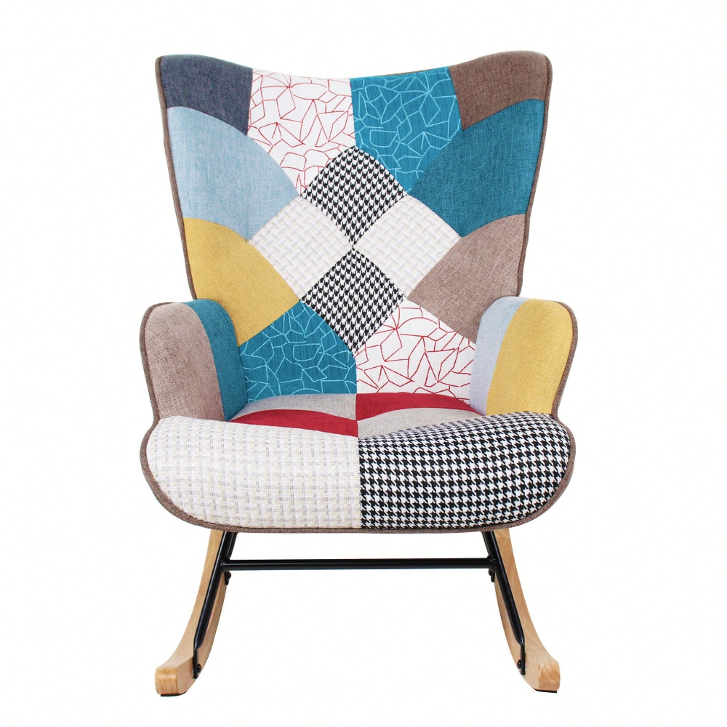 Mid Century Modern Fabric Rocking Chair With Wood Legs And Patchwork Linen For Living Room And Bedroom