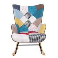 Mid Century Modern Fabric Rocking Chair With Wood Legs And Patchwork Linen For Living Room And Bedroom
