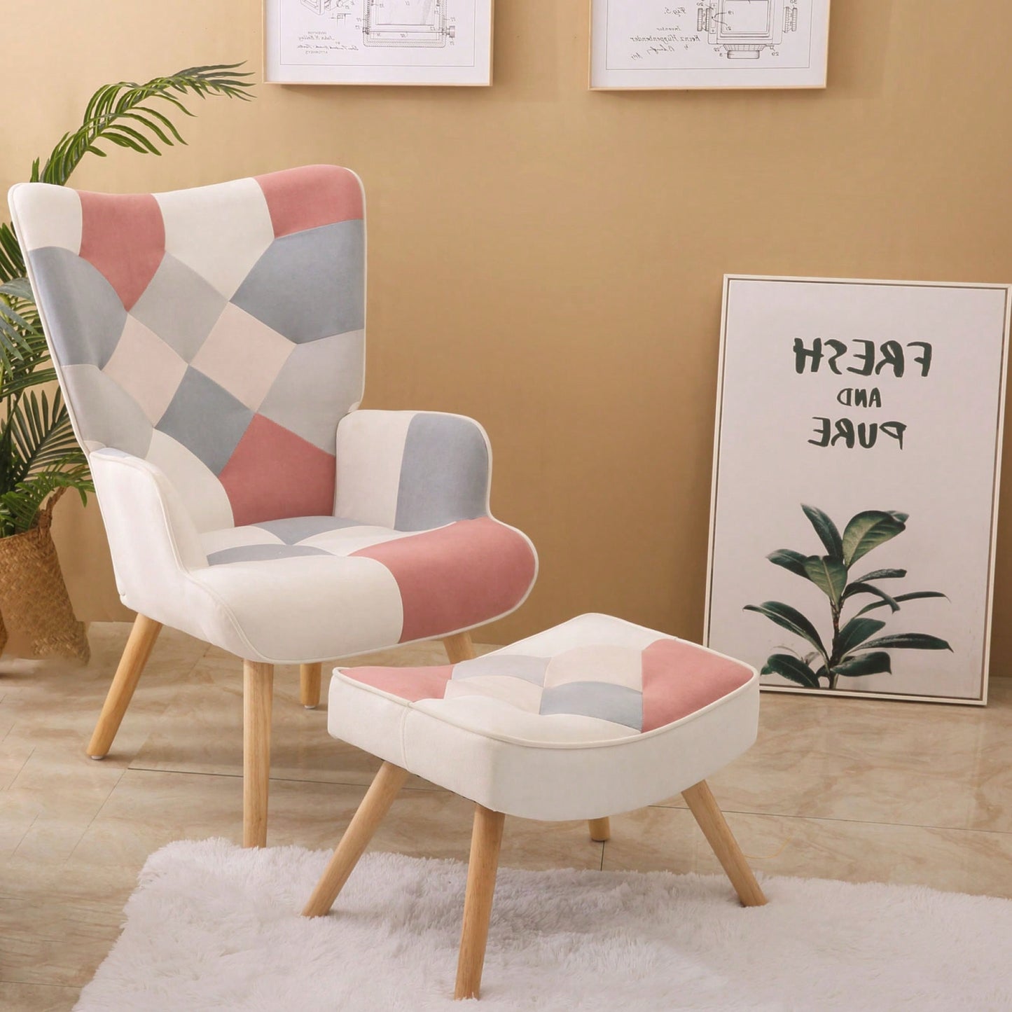 Accent Chair And Ottoman Set For Living Room And Bedroom Comfortable Side Armchair With Creative Splicing Fabric Design