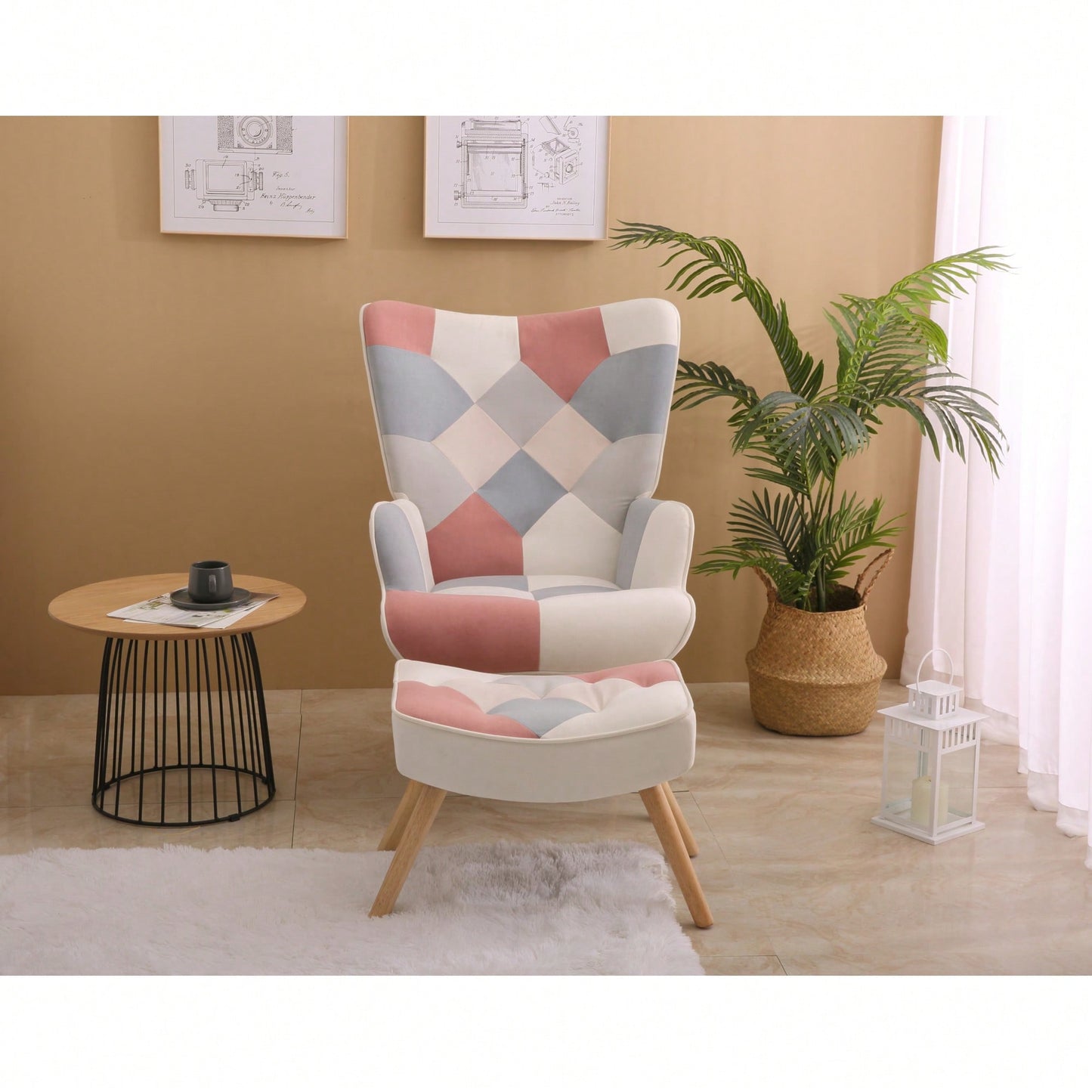 Accent Chair And Ottoman Set For Living Room And Bedroom Comfortable Side Armchair With Creative Splicing Fabric Design